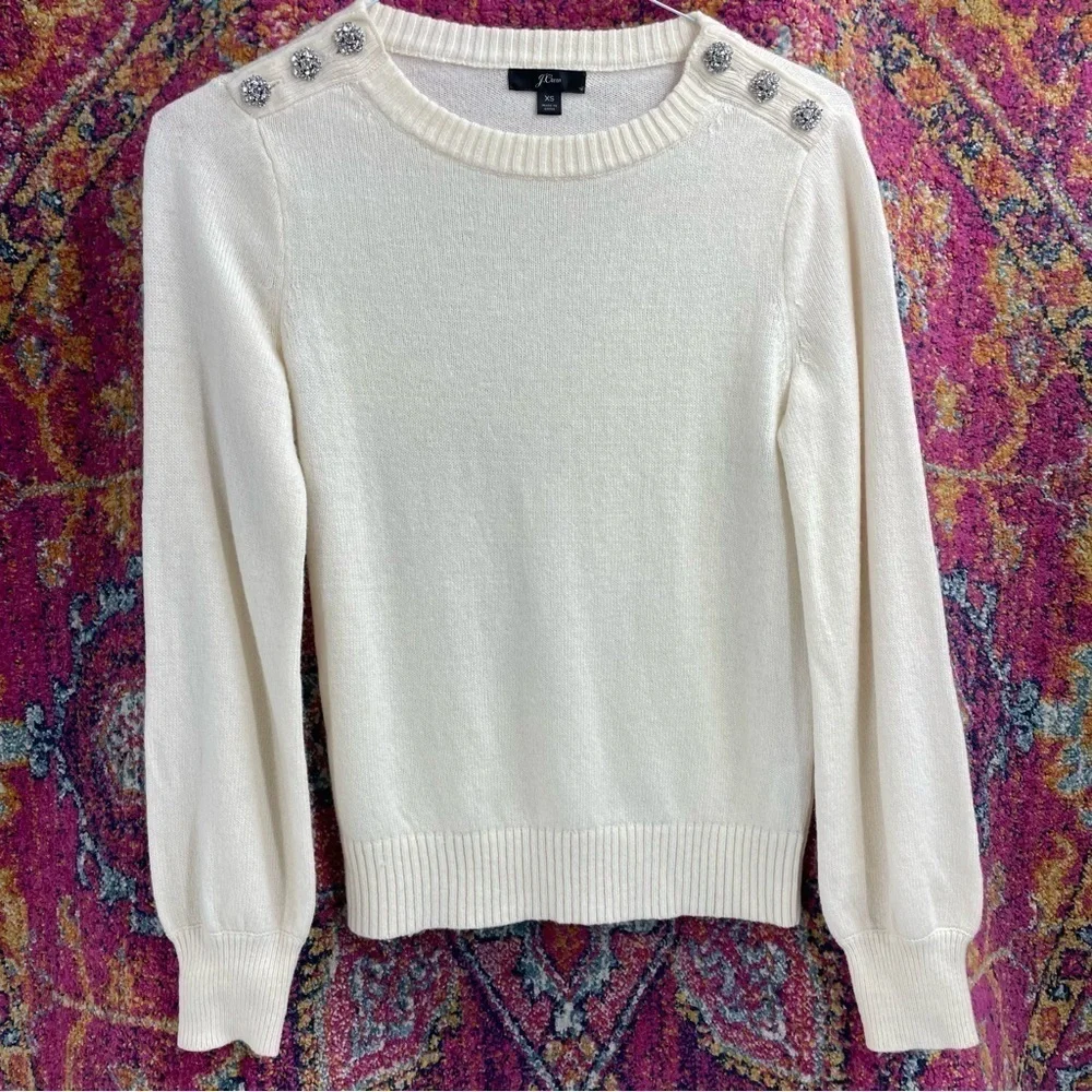 J. CREW Crewneck Long Sleeve Lambs Wool Jeweled Button Sweater